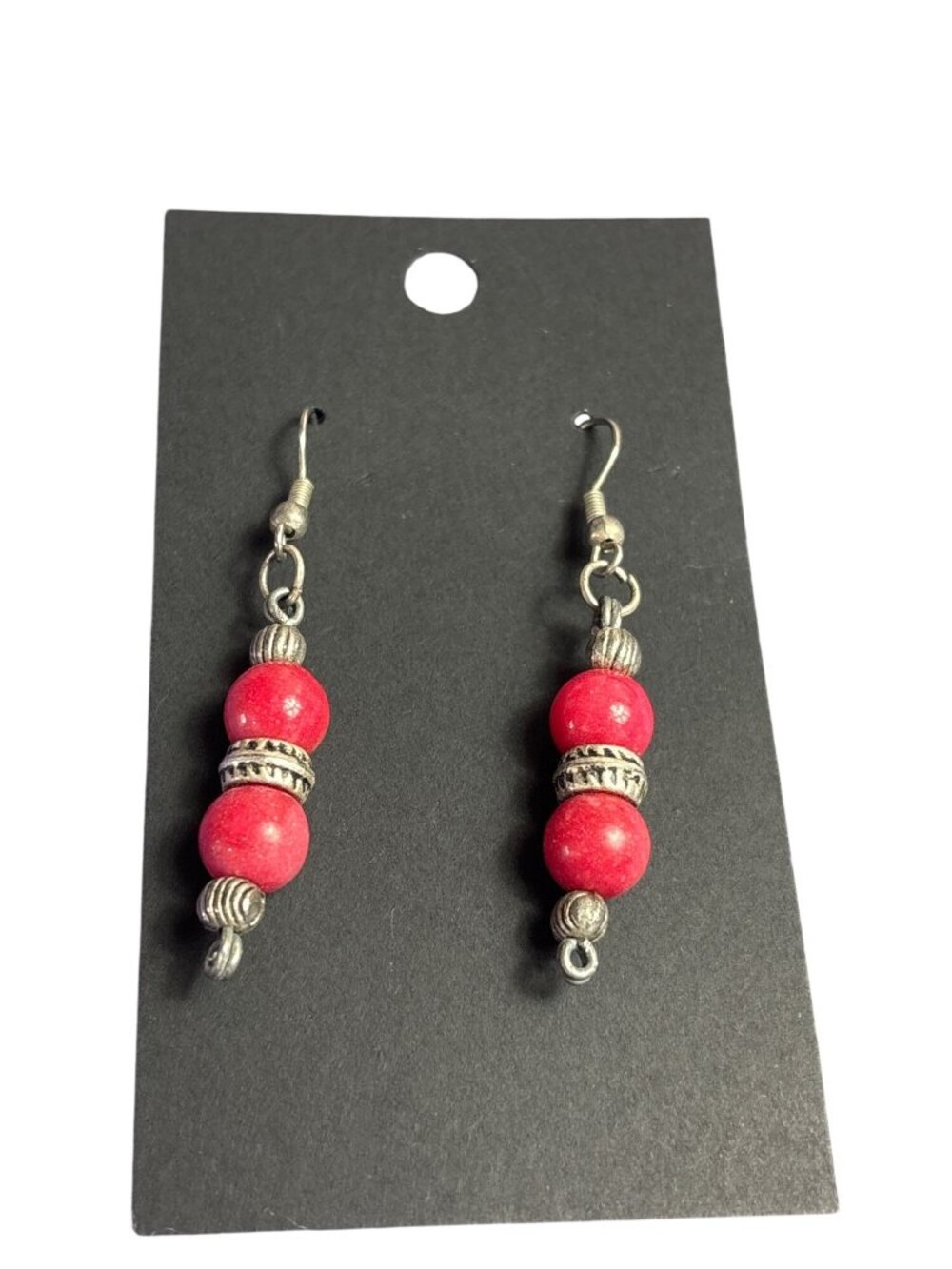 Vintage Red Stone Bead Dangle Earrings Silvertone 1.25 inches
